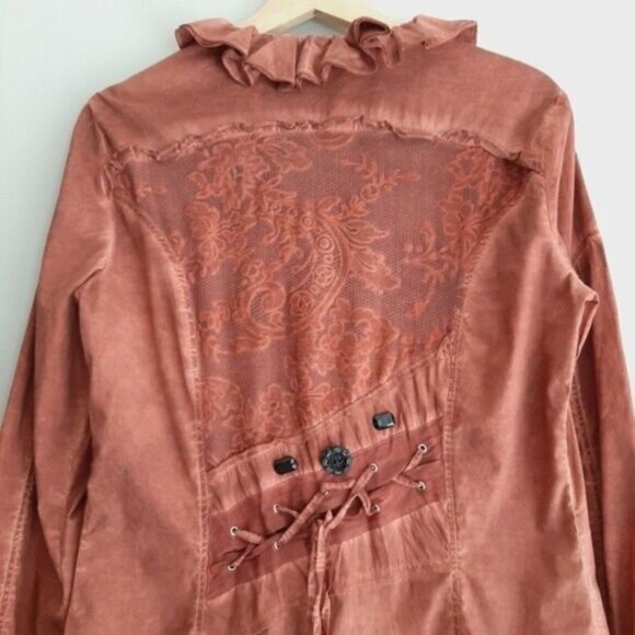 ELISA CAVALETTI Italy Button Down Boho Lace Ruffle Blouse Rust Red Sz M - Picture 7 of 10